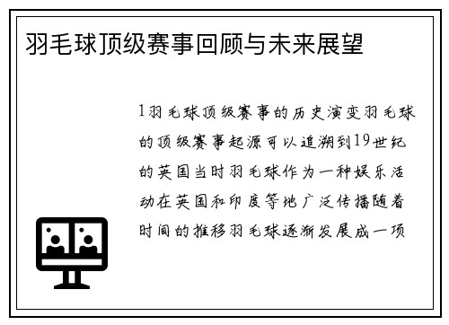 羽毛球顶级赛事回顾与未来展望